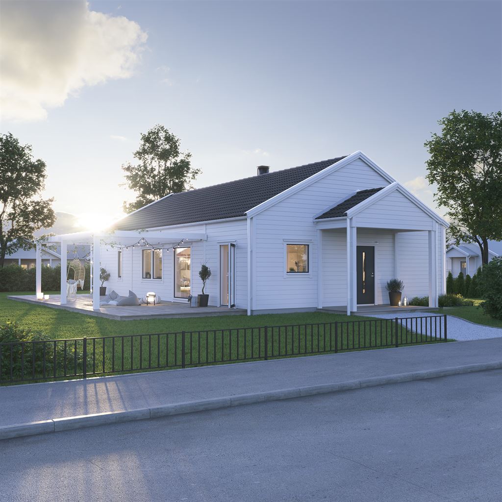Vitt Villa Sjötorp exteriör i klassisk stil med fönster i antracit